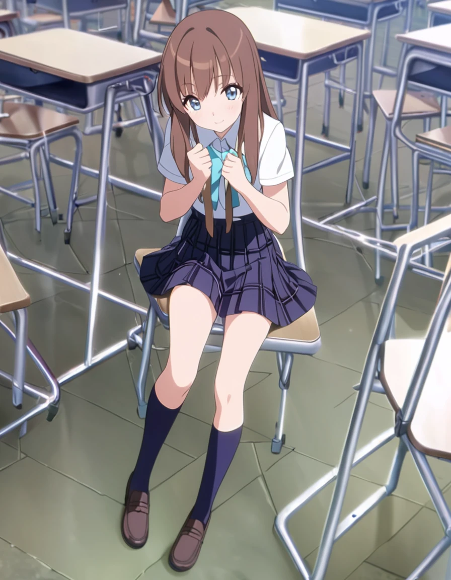 (8K:1.5),anime, high school girl,Full body, high school uniform, ribbon, plaid skirt, navy blue knee socks, beautiful legs, glowing skin, classroom