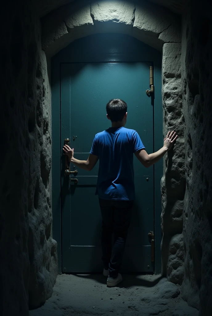 teenager boy blue t-shirt black pants desperate mine tunnel dark door locked trying to open door no exit no light