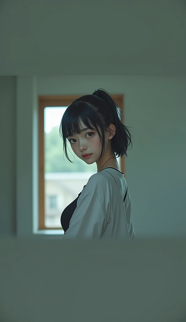 Realistic glowing skin, (発Sweat:1.8),sitting backwards,Look back at your face,Always look at the camera,(発Sweat:1.8),(Beautiful nipples in real life:1.6),,(whole body:1.9),(発Sweatしたリアルな白い肌:1.9),White socks, (black running shoes:1.8),
,Cold look,Cold Stare,Black Hair,short hair,Tie your hair short,Silky translucent white skin,,(Very detailed美しい顔), Great face and eyes, (Highest quality:1.4), (Very detailedな), (Very detailed CG 統合 8k 壁紙), Very detailed, High resolution raw color photos, Professional photography, Realistic portrait,Sweat,,(A Cup:1.9),(Flat Chest:1.9),(Very small breasts:1.9),(Breast augmentation:0.1),(Small breasts beginning to swell:1.9),(Breasts during puberty:1.9),
, (少女のwhole bodyの詳細なRAW写真), Canon EOS R5 250mm, Sharp focus, Cinema Lighting,  (No makeup:1.2), Fine skin, Delicate collarbone,,(Ultra-high resolution:1.6), (Realistic:1.6),,(Japanese junior high school girls:1.9),(whole body:1.8),(Sweatが滴る肌:1.9),(The lower half of the body is black athletic wear:1.9),(Sweatで滲んだ肌:1.9),(Age is :1.9),(Raise one hand above your head:2),(The upper body is white athletics wear:1.9),Height is 155cm,Non-erect, thin nipples,very small nipples,Natural nipples,Real girl nipples,Not disgusting nipples、 (Armpit hair just starting to grow:1.9),(sit cross-legged:1.9),Sitting cross-legged,Sit, (Sitting cross-legged:1.9),
