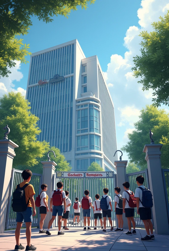 name "Genius Math Olympiad" (in modern school gate)