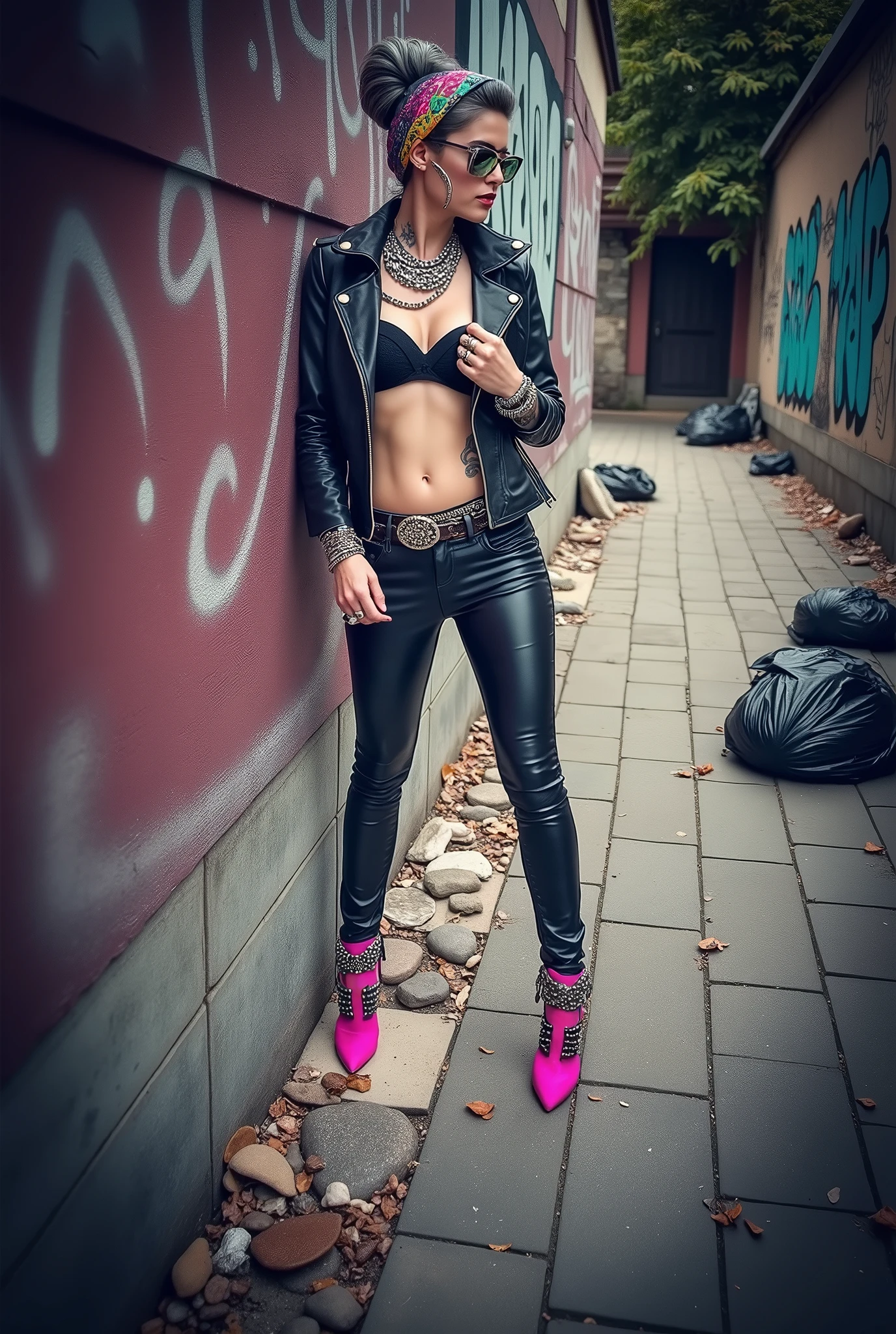 russian milf woman, grey hair (bouffant, top bun) and oversized square sunglasses and wide colourful bandana as headband, with very light green eyes, extremely pale. Big lips. Black lace push up bra, silicone breast,, tight skinny black low rise leather jeans with zippers on knees.. Pink high heel shoes. Lots of thick wide studded bracelets, chain necklaces and big rings,. Two loose studded belts. Long earrings with chains and feathers. Back against a wall, separated legs, fixing her necklaces with both hands, looking down at the ground, Neck, chest, stomach and wrists heavily tattoed. Toned abdominals, thin neck, slim legs and thin arms. Narrow hips. Full body. At a dead end street with graffitied walls, ground littered with waste and black plastic garbage bags. Full body