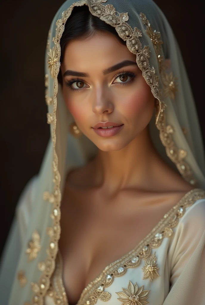 A beautiful Arabic Women Realistic wearing hijab and reveling her cleavage. DSLR Realistic