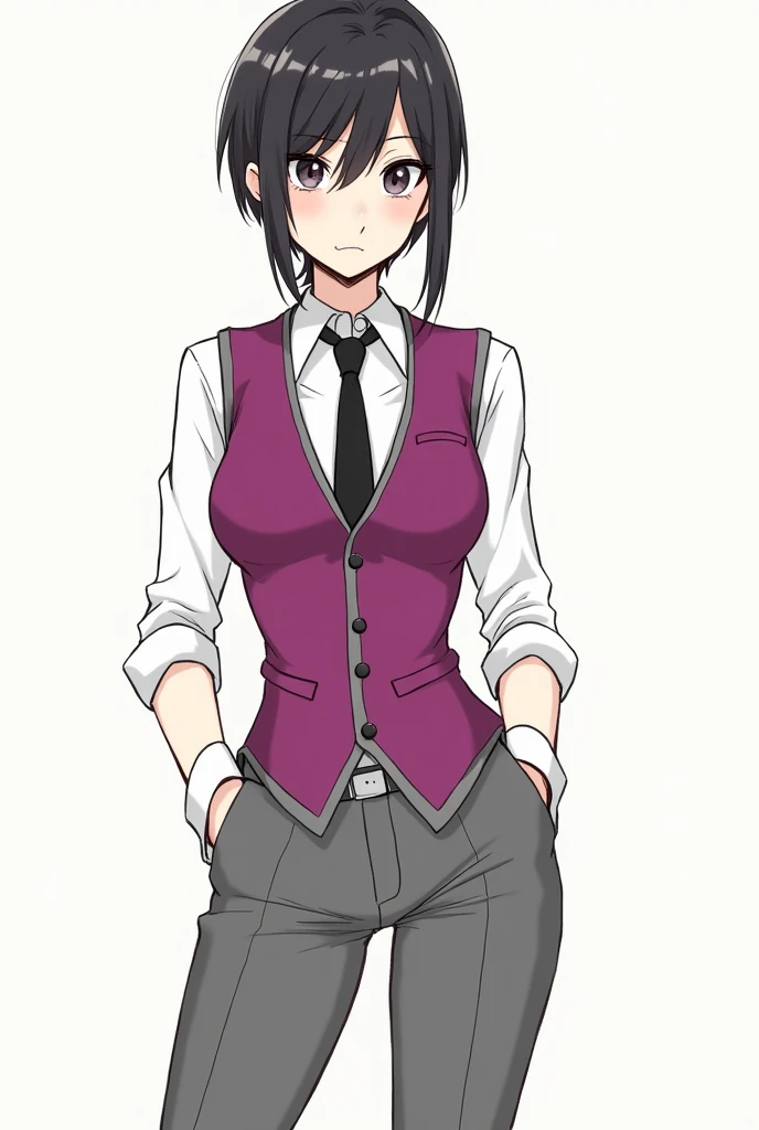 Sketch-type drawing of a breastless detective girl with grey trousers and a fuchsia vest with grey piping and edges, white shirt and black tie.