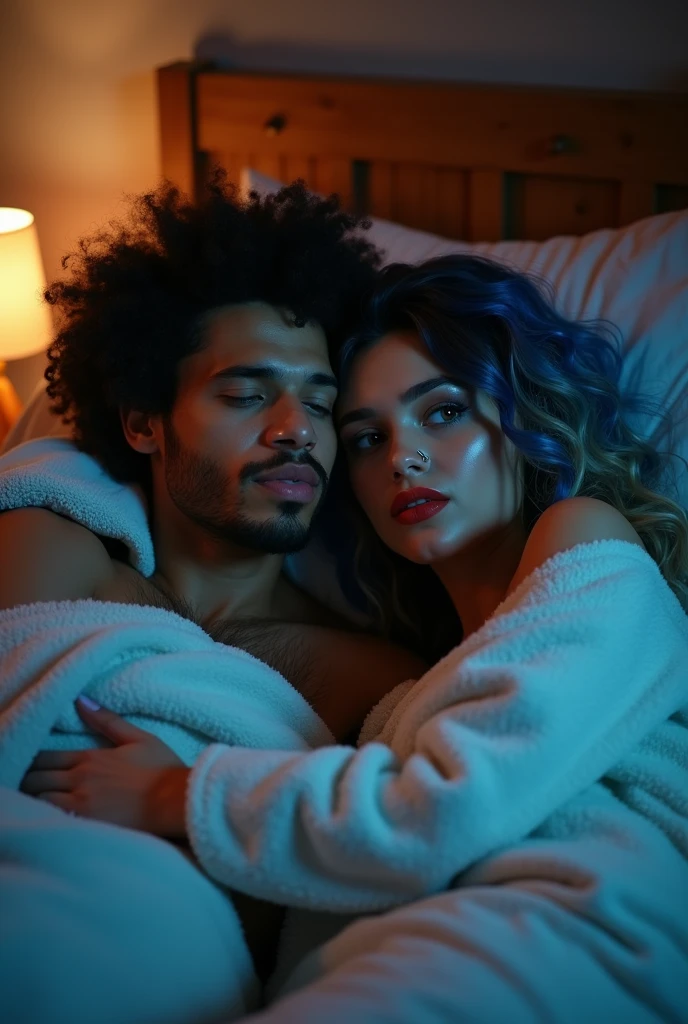 Two people snuggling together in bed watching a movie Caucasian-Hispanic mix women, with deep wave curls black hair with, light blue dark blue and blonde combined together blue eyes, Instagram model, black makeup long lashes, big lips, red lipstick nose pierced 30k wearing night clothes and a A tan southern man with a chiseled jawline with hazel green eyes with black short curly hair with a fade with a stubble beard snuggles before bed