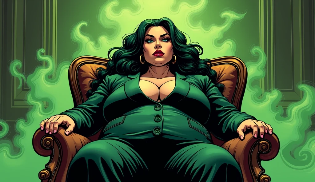 Long haired Beautiful morbidly obese female mob boss woman wearing a mobster suit sitting in a sofa chair surrounded by olive green stink fumes, comic artsyyle