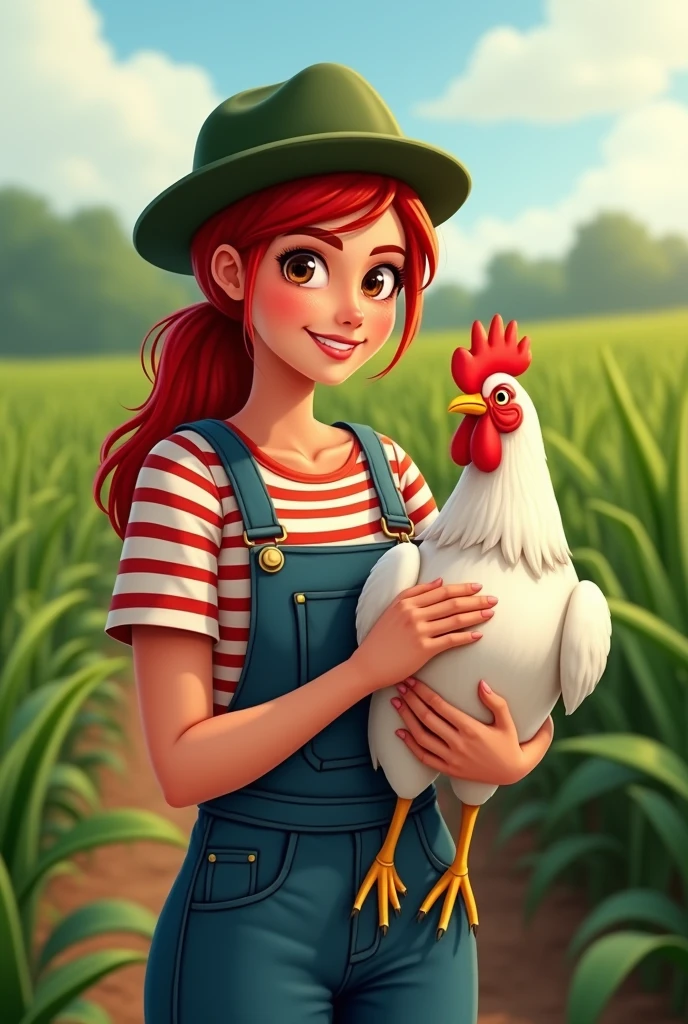 A red headed woman, around 21-2, just graduated in Agricultural engineering. She where's an overall with a t-shirt with red stripes on, she has a green hat on. She is holding a chicken, while she is standing up in a crop. She has a normal body, she has dark eyes, and she is smiling. She is a latin young woman.