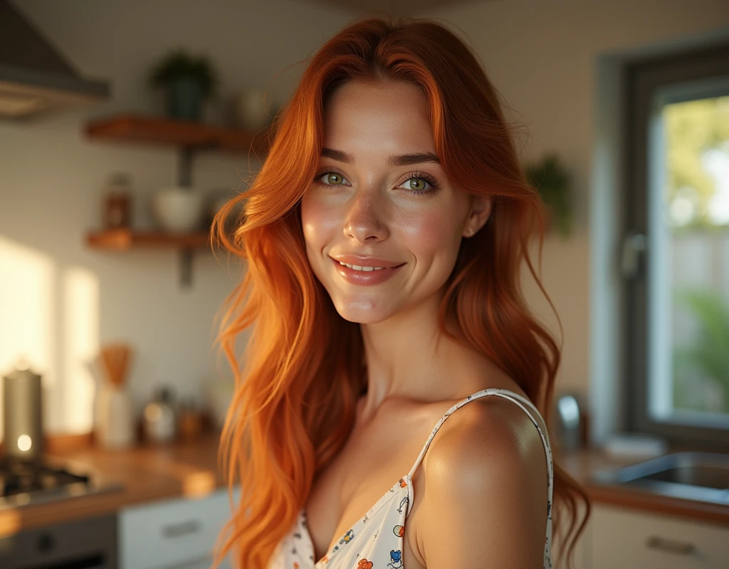 masterpiece、1. absolute realism、hyperrealistic photography、Light skin with Latin undertones、((Waist-up representation:1.5))、(ultra high resolution)、(8k)、(Extremely realistic details)、(Long hair, redhead, slightly wavy)、(Detailed hair texture)、relaxed and natural pose、in her kitchen making breakfast、wearing a casual outfit、calm and natural expression、light but genuine smile、large and expressive eyes、Green eyes with depth、Long and natural eyelashes、Soft morning kitchen lighting、Warm natural light coming through the window、Direct gaze into the camera with warmth、Toned and healthy body、slim and defined waist、Cozy and modern kitchen setting、Relaxed and inviting atmosphere、casual summer clothing、((minimal neckline:0.1))、Fresh and natural look without excessive makeup、Realistic skin texture with pore details and natural highlights、Naturally hydrated lips、soft shadows created by kitchen lighting、subtle Latin features"