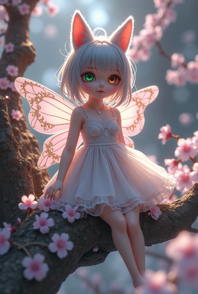 Super mini size、eye々crisp、片方のeyeは緑色で、もう片方のeyeは茶色です、length, Curled eyelashes、Hair is silver、Raccoon Ears、you'Wearing fluttery clothes、Beautiful fairy、The cherry tree in the background??、Light and shadow