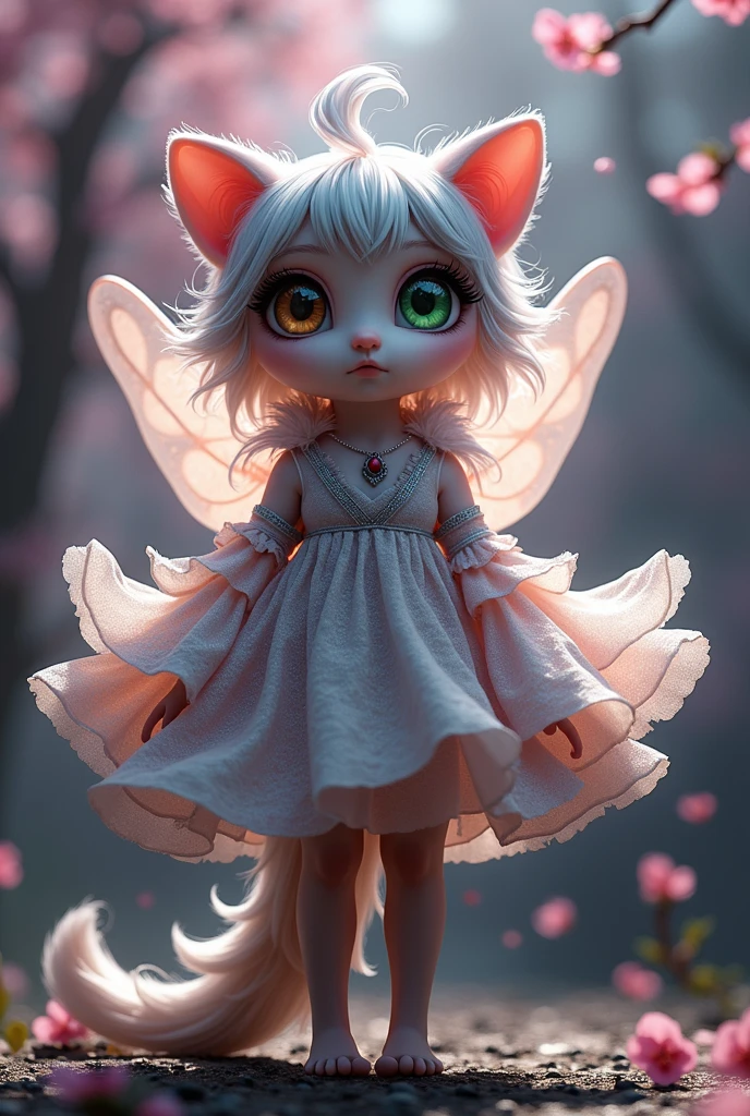 Super mini size、eye々crisp、片方のeyeは緑色で、もう片方のeyeは茶色です、length, Curled eyelashes、Hair is silver、Raccoon Ears、you'Wearing fluttery clothes、Beautiful fairy、The cherry tree in the background??、Light and shadow