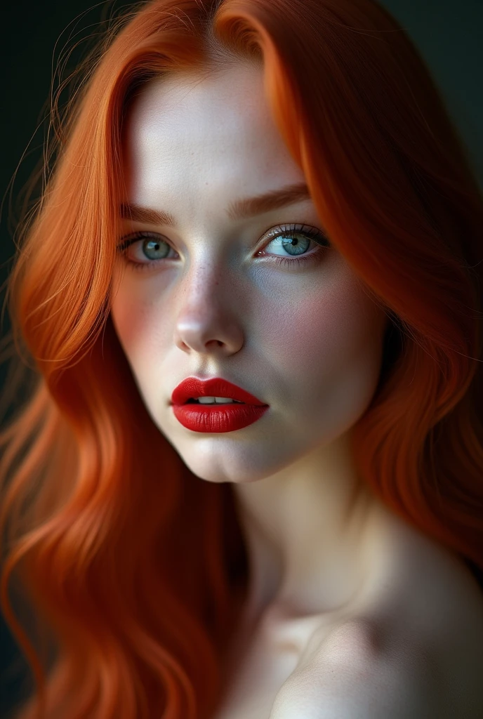 Red-haired woman with long hair, blue eyes and red lipstick 
