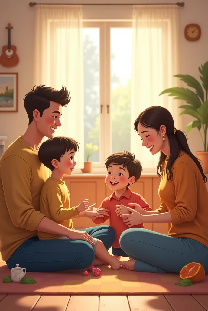 1. **Cozy setting:** A domestic environment, like a living room or a kitchen, where everyone is gathered.
2. **Positive Interaction:** Show the child and parents engaged in an enjoyable activity together, like a family dinner, a board game or a lively conversation.
3. **Facial expressions:** Everyone should have expressions of happiness and affection, reflecting a loving and respectful relationship.
4. **Appreciation Details:** Include gestures such as the child helping the parent or expressing gratitude., symbolizing care and mutual respect.
5. **Organized Environment:** The environment must be clean and welcoming, reinforcing the idea of a harmonious home.
These elements will help convey the image of a child who is loving and caring towards his parents..
