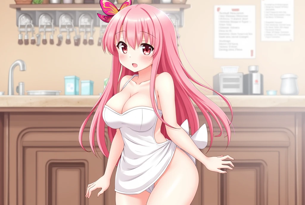 One Girl, alone, Nakano Nino, Pink Hair, Butterfly Hair Ornament, (naked:1.3), (White apron), Large Breasts, Cleavage, Thighs, Cafe Background, (blush:1.3)