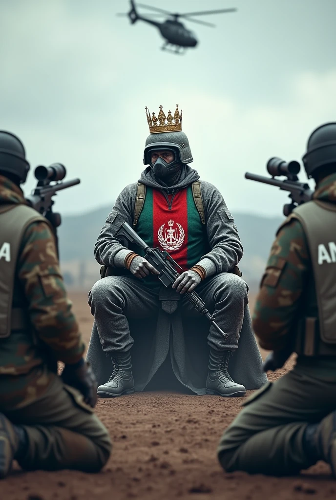 In the center of a PUBG battlefield, an Afghan soldier sits confidently at the royal desk, holding a frozen M4 rifle. The flag of Afghanistan is prominently placed on his chest and a royal tiara is on top of his head, symbolizing his dominance. In front of the table, two kneeling players, one with the label "America" and the other with the label "Russia" on their backs, are facing away from the camera. Labels must be clear and unmistakable. These two kneeling players have no extra signs or markings. On each side of the scene, two soldiers are standing in sniper gear, holding their weapons securely, but their guns are not pointed at anyone, especially the Afghan soldier.. A fully detailed helicopter patrols above. The scene should be realistic and free of extraneous objects such as bottles, to provide a clean and focused look.