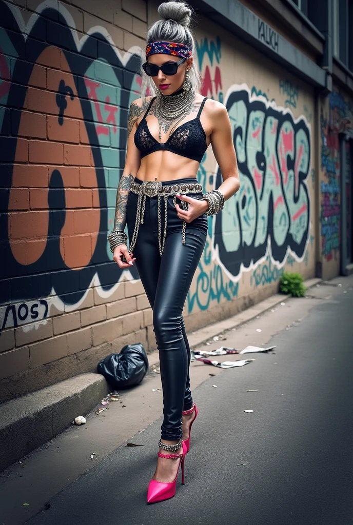 russian milf woman, grey hair (bouffant, top bun) and oversized square sunglasses and wide colourful bandana as headband, with very light green eyes, extremely pale. Big lips. Black lace push up bra, silicone breast,, tight skinny black low rise leather jeans. Pink high heel shoes. Lots of thick wide studded bracelets, chain necklaces and big rings,. Two loose studded belts. Long earrings with chains and feathers. Back against a wall, separated legs, fixing her necklaces with both hands, looking down at the ground, Neck, chest, stomach and wrists heavily tattoed. Toned abdominals, thin neck, slim legs and thin arms. Narrow hips. Full body. At a dead end street with graffitied walls, ground littered with waste and black plastic garbage bags. Full body