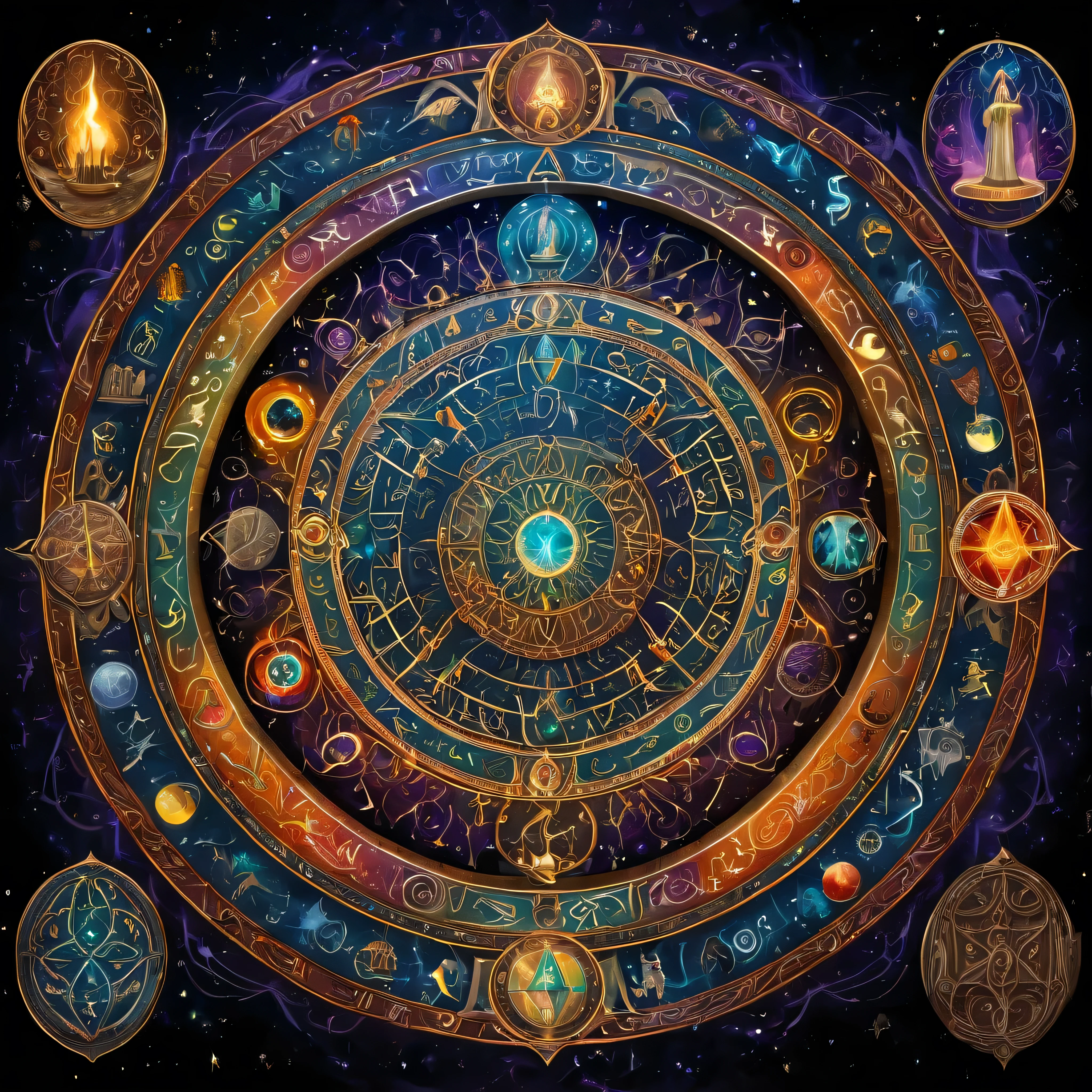 A fascinating and mesmerizing scene of a magic circle illuminated with a kaleidoscope of brilliant colors. The circle is surrounded by an assortment of mystical symbols and runes., Each has its own design. In the center of the circle, Wizard or sorcerer standing confident, With hands outstretched, Master the Elements. The atmosphere of the image is filled with a sense of wonder, force, And the unknown.