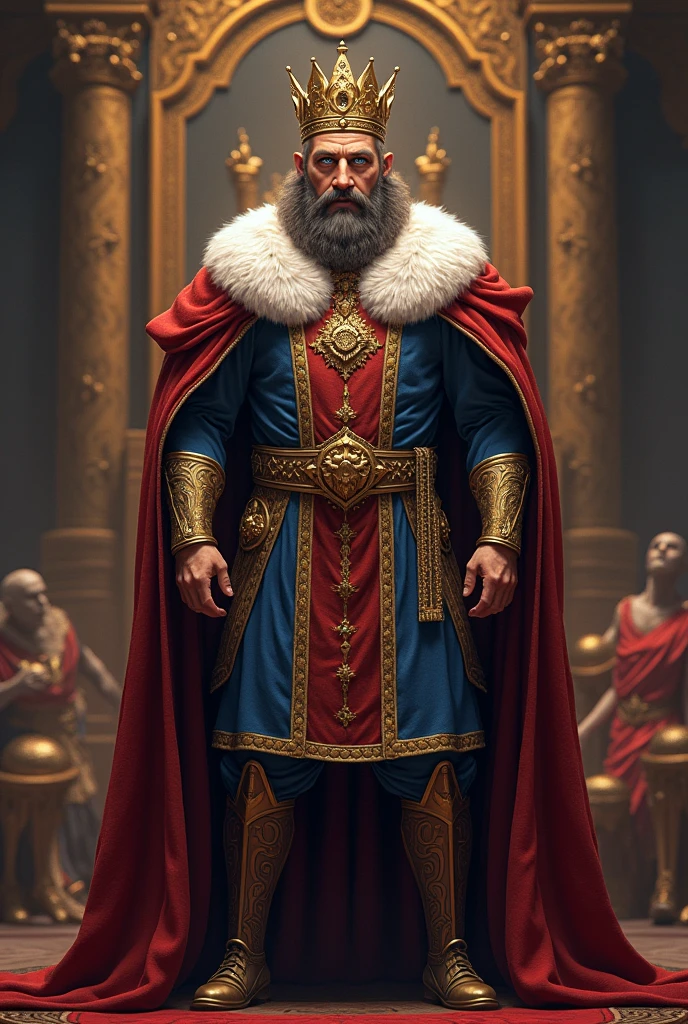 A king with deep blue eyes, extremely kind but very imposing.