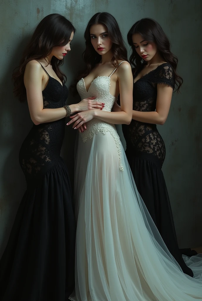 Masterpiece,
Beautiful bride in white dress seduced by alluring lesbian vampires, evil, gothic black lace dress, flattering, cleavage, Long Hair, kiss, kissing, bride turning into vampire, evil aura, dark, evil, sexy, (full body)
