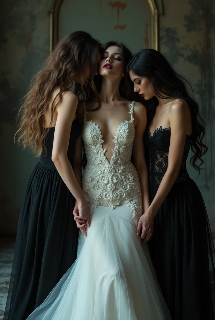 Masterpiece,
Beautiful bride in white dress seduced by alluring lesbian vampires, evil, gothic black lace dress, flattering, cleavage, Long Hair, kiss, kissing, bride turning into vampire, evil aura, dark, evil, sexy, (full body)