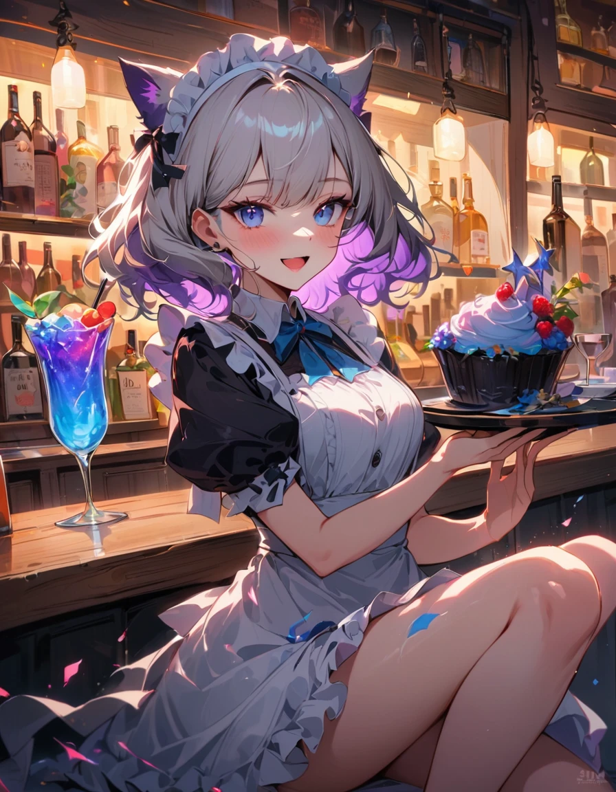 detailed textures, high quality, high resolution, high accuracy, realism, color correction, correct lighting settings, harmonious composition.Cute white-haired anime catgirl wearing a black and pink maid outfit, smiling with an open mouth, spinning and holding a tray of blue drinks in a bar setting, full-body portrait, long legs, and white-tinted hair. at the bar counter. Her white tail is on stage, --ar 3:4 --niji 6, потрясающая текстура и блеск,краснеть, фантастическая глубина резкости, (соблазнительная и роковая), фантастическая тематики, боке, мягкие тона, малая глубина резкости--ar 3:4 --niji 6 , ПЕРЕРЫВ шедевр, Высокий_рез, красивое лицо, Эффект Тиндаля, фото реалистичный, (Высокий detailed skin:1.2), 8К uhd, Высокий quality, Высокий резolution, 4K, 8К, боке