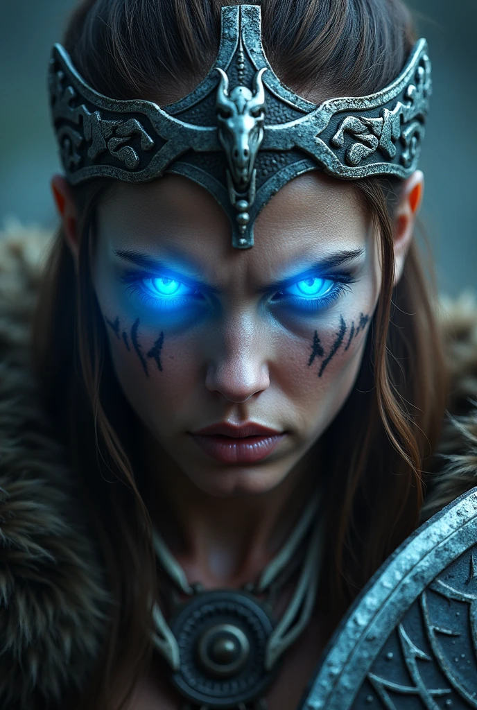 Close up face beautiful viking woman, axe and shield in hand , strong blue light in the eyes, crown of the goddess freya , tribal design on the eyes, Angry, bone necklace around the neck, battle armor, with hate, focused