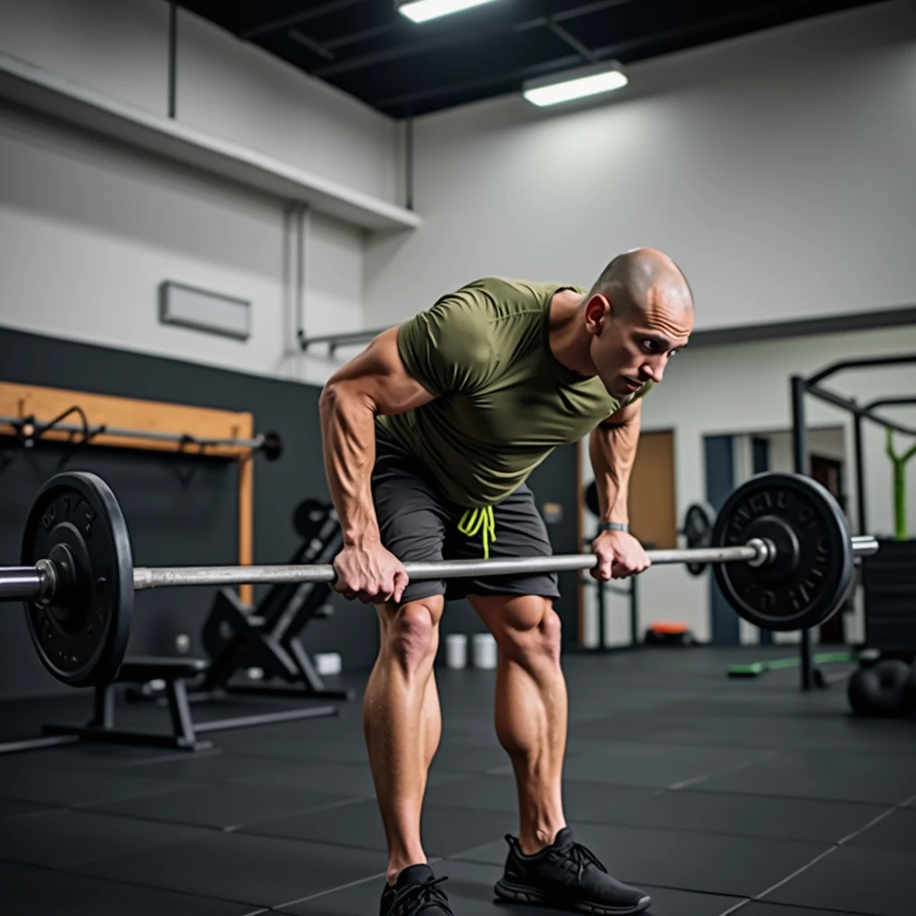High Detail RAW Color Photo Professional Photo. A tall, muscular man with a shaved head and pale skin is in a gym, positioned in a bent-over row stance, mirroring the pose seen in the reference image. He is wearing a fitted olive-green athletic t-shirt that highlights his broad shoulders and strong arms, along with black sports shorts with a neon green drawstring, showcasing his powerful legs. His feet are planted firmly on the ground, with his hands gripping a barbell, his muscles visibly tensed as he performs the exercise. The gym environment is well-lit, with a clean, modern design, featuring various workout equipment in the background. The lighting is soft, casting natural shadows that emphasize the definition of his physique and the focus on his face as he concentrates on his form. The overall scene captures the intensity of the workout and the strength of the character