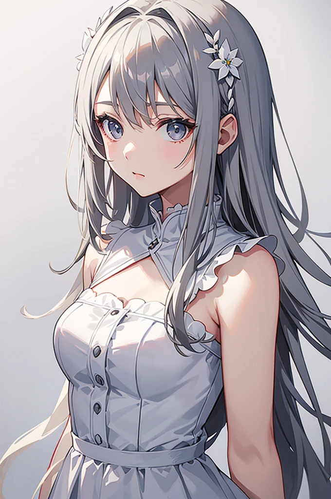 anime girl with light gray eyes. Wearing white dress. No background. Blac background. portrait