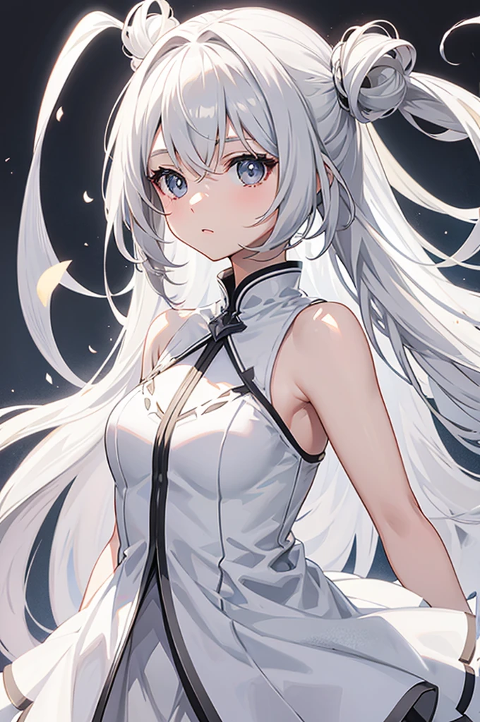 anime girl with light gray eyes. Wearing white dress. No background. Blac background. portrait