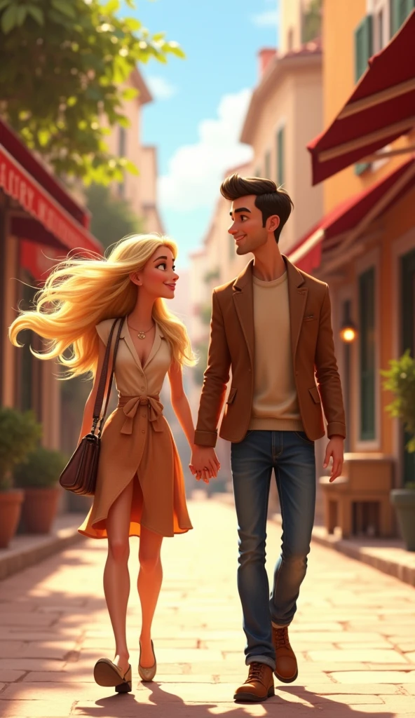 A blonde young woman walking down the street with a handsome guy, pixar style, cinematic, masterpiece, high-aesthetic