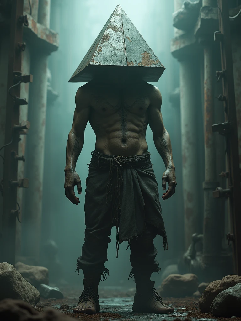 hyperrealistic 3d render of pyramid head from silent hill, extremely detailed,extremely high resolution, volumetric fog,dynamic lighting with strong contrast,cinematic composition,dark atmospheric setting,muted color palette with rust and decay,film grain,depth of field,motion blur,ray tracing,particle effects,post processing to enhance surreal and nightmarish qualities,inspired by christophe gans' 2006 silent hill film adaptation
