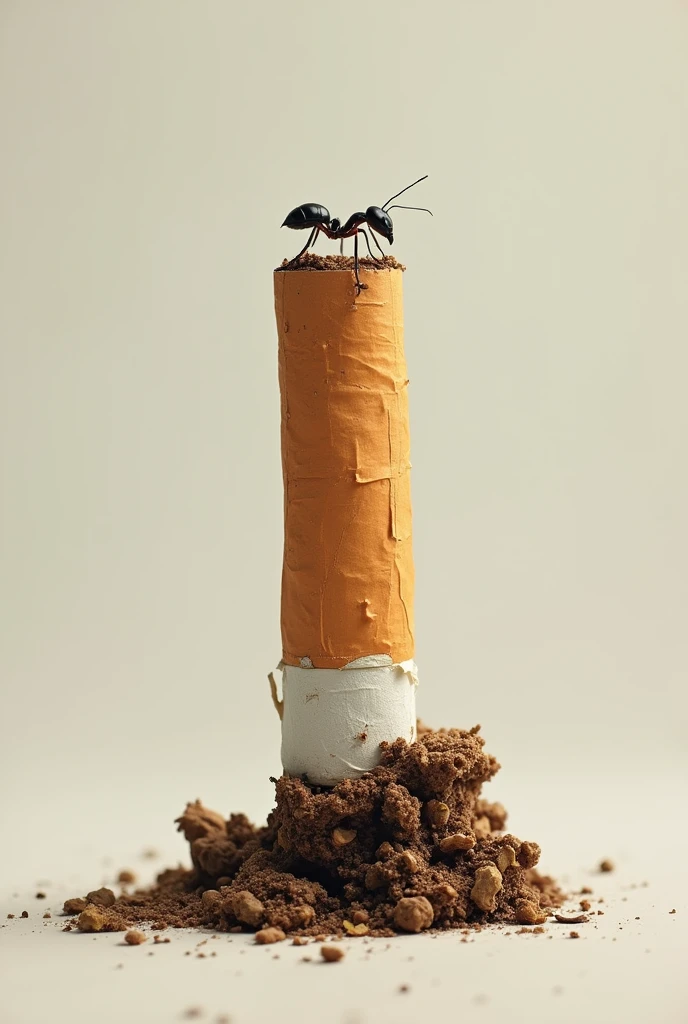 An ant on top of a crushed cigarette butt lying down