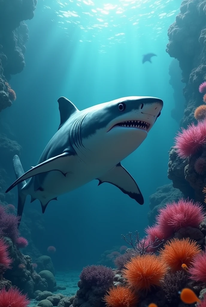 Shark, corals in the background, ocean, haze, dramatic lighting , cinematic lighting, best qualityer, hyper realist, highy detailed