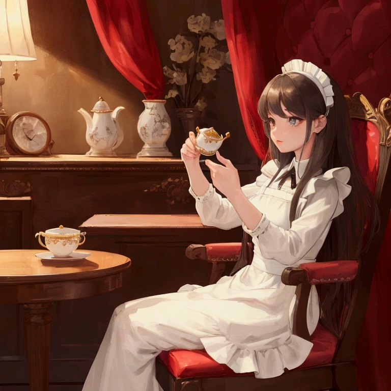 ((best quality)), ((masterpiece)), (detailed), 1girl, drinking tea, maid dress, sitting on chair, long hair