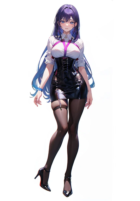Purple hair,voluminous long hair,Adult female,((Roll up your sleeves)),(Corset),(Tight skirt),(high heels),((Simple White background)),Smile,((Full body)),((whole body))