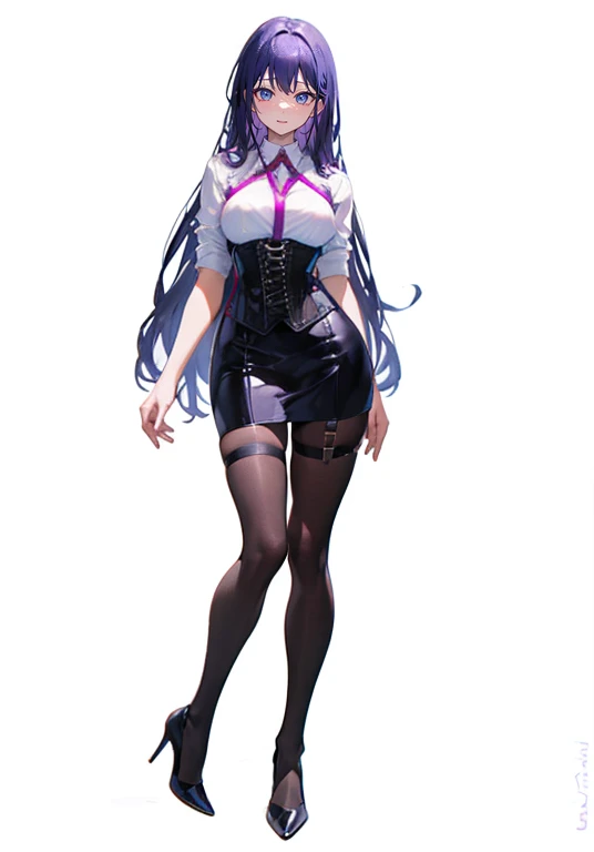 Purple Hair,Long Hair,Adult female,(((Body Harness))),((Roll up your sleeves)),(corset),(Tight Skirt),(High heels),((Simple white background)),smile,((full body)),((whole body))