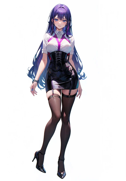 Purple Hair,Long Hair,Adult female,(((Body Harness))),((Roll up your sleeves)),(corset),(Tight Skirt),(High heels),((Simple white background)),smile,((full body)),((whole body))