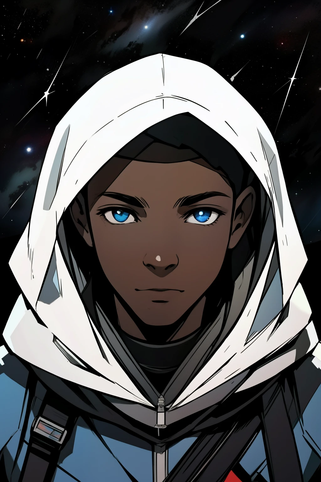 Young black man with hood looking into outer space having in his eyes the reflection of outer space,foco do reflexo nos olhos,realista,melhor qualidade