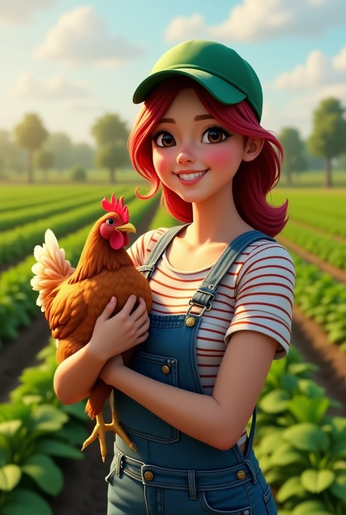 A red headed woman, around 21-2, just graduated in Agricultural engineering. She where's an overall with a t-shirt with red stripes on, she has a green cap on. She is holding a chicken, while she is standing up in a crop. She has a normal body, she has dark eyes, and she is smiling. She is a latin young woman. Real woman