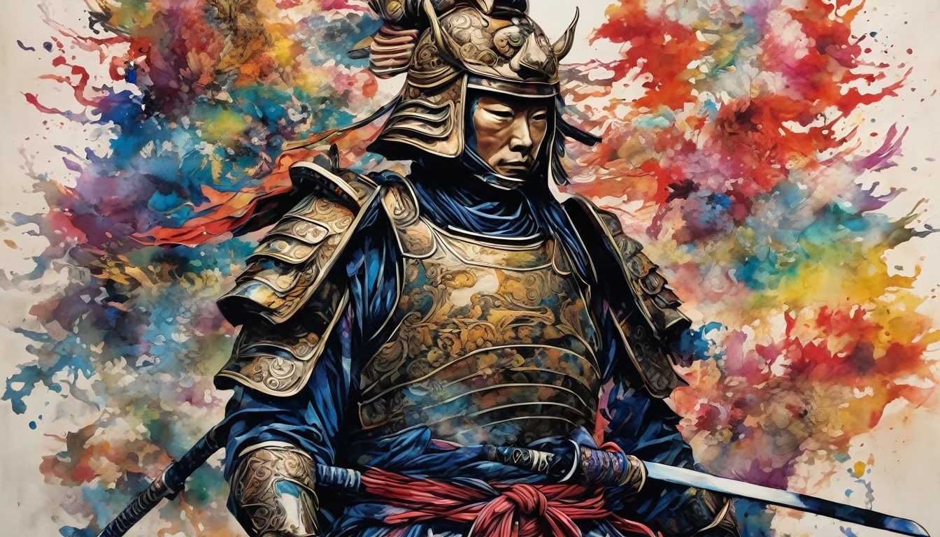 A fusion of watercolor and oil painting, A fusion of paper cutting and shadow art, Mix of Japanese paintings, Ukiyo-e and woodblock prints, Mixing monochrome and color, Conceptual installation art, nice (Helmet, armor, armor), warrior, Haori and Hakama, Glowing Japan sword, horizontal line, (Super detailed, The absolute solution, Highest quality:1.3), 2.5D, delicate and dynamic, artistic, Hyper, Graphics CG Digital Art, The background is old Japanese paper with a rainbow pattern.