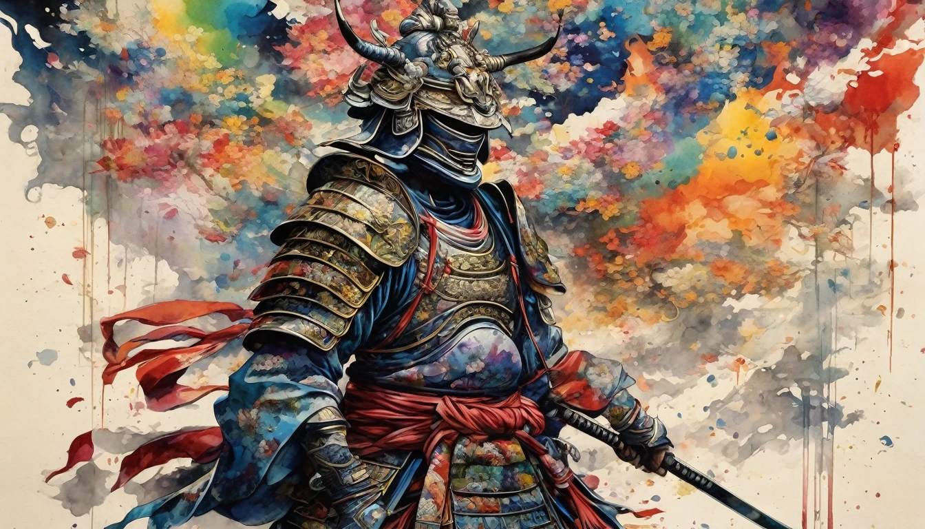 A fusion of watercolor and oil painting, A fusion of paper cutting and shadow art, Mix of Japanese paintings, Ukiyo-e and woodblock prints, Mixing monochrome and color, Conceptual installation art, nice (Helmet, armor, armor), warrior, Haori and Hakama, Glowing Japan sword, horizontal line, (Super detailed, The absolute solution, Highest quality:1.3), 2.5D, delicate and dynamic, artistic, Hyper, Graphics CG Digital Art, The background is old Japanese paper with a rainbow pattern.