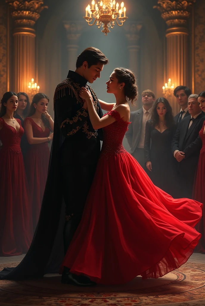 unknown prince of stunnig beauty and young beautiful woman, dancing in dark castel while everyone is watching them in envy way, red dress, dark