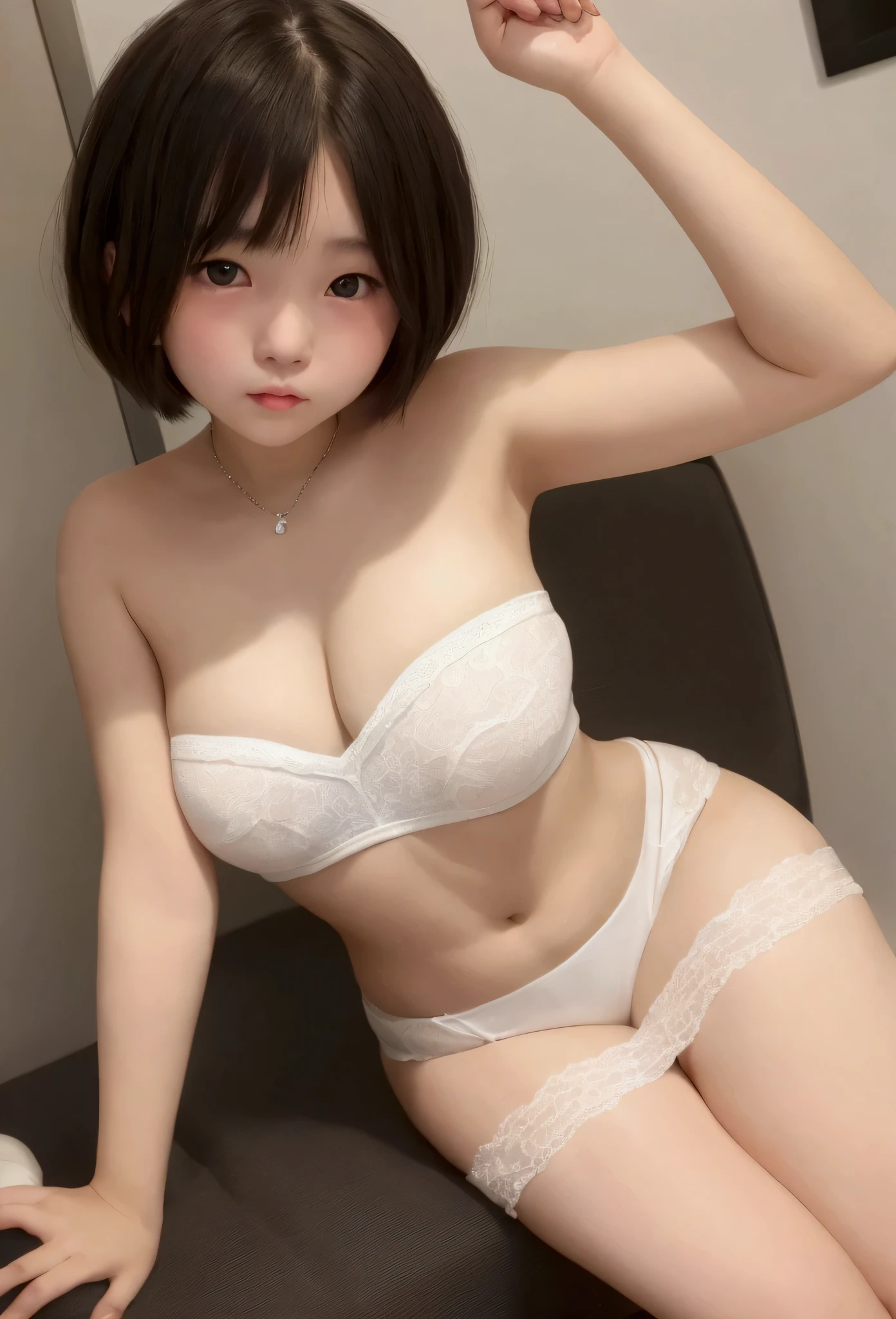 short hair、A very beautiful 1 cute girl、Sexy and very beautiful、Very cute face,Very beautiful、white strapless vest、mini skirt、Knee socks、Lean forward、Stick your hips out