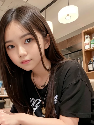 background, delightful, sitting, legs spread, shiny hair, medium hair, t-shirt, necklace, in the restaurant, with a sofa, eye closeup shot, front view, from below