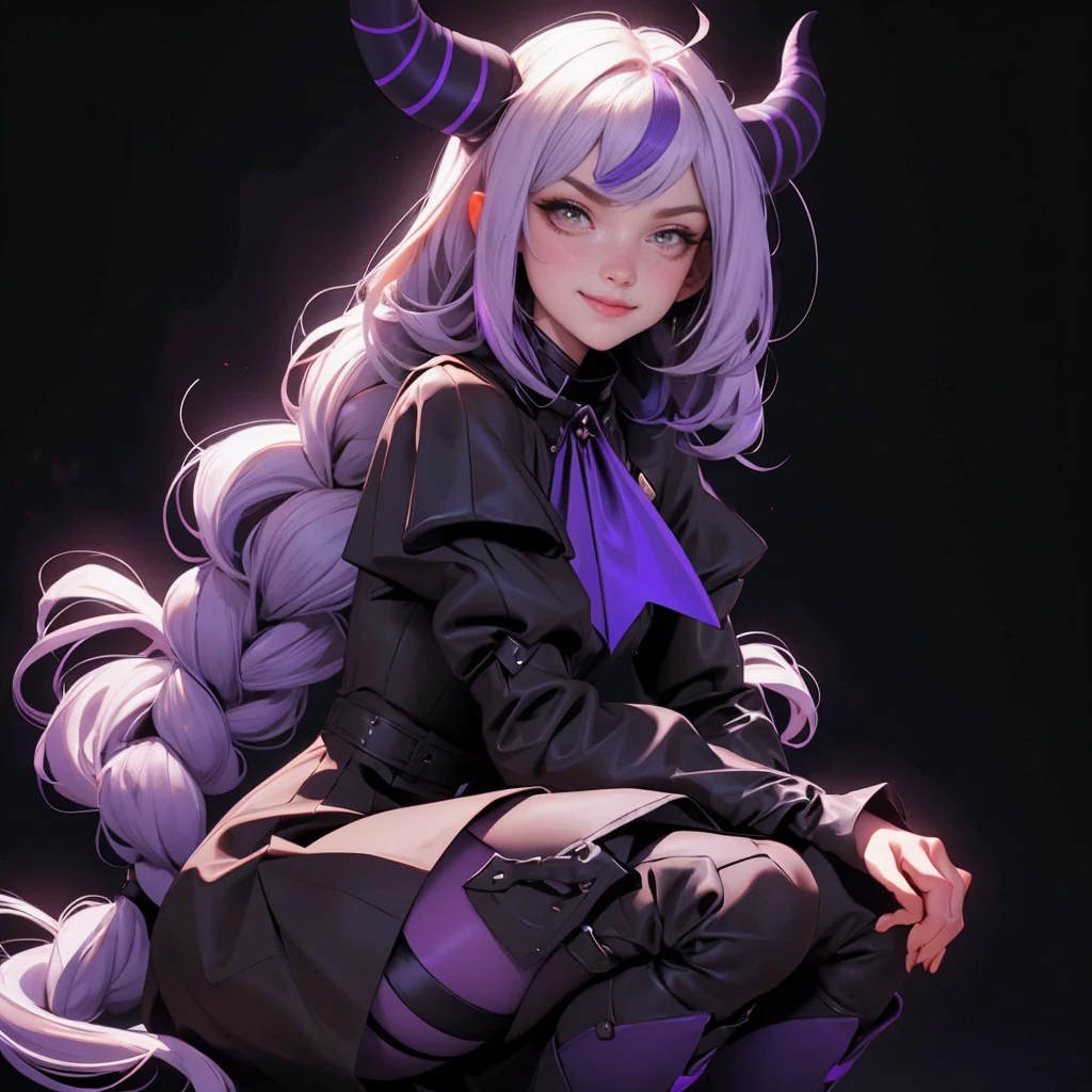 envision a 8k, highres, cinematic, beautiful close up portrait of a girl named Laplus Darkness with long white muilticolored hair, a Large Metal Collar, purple color scheme, sleeves past wrists, sleeves past fingers, braid, Long sleeves, single leg pantyhose, ascot, Black footwear, Dress, Metal collar, long boots, Black Dress, Collar, pantyhose, single thigh high, Evil smile, Exposed arms, against a dark background