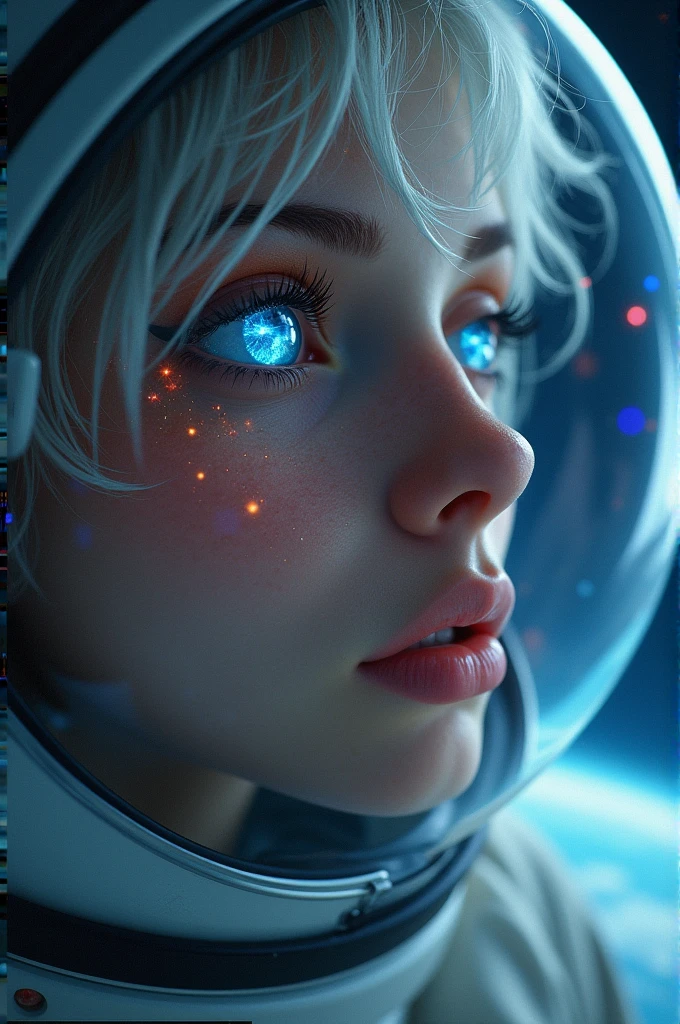 (Close-up of a better masterpiece:1.5)0.9], (Space and astronauts:1.2) (Messy silver hair:1.1) (Heterochromia xanthochromia and blue eyes:1.2) (Space Helmet:1.0) (Colored stars in the eyes:1.0) (A radiant glow:1.1) (thick lips:0.9)
