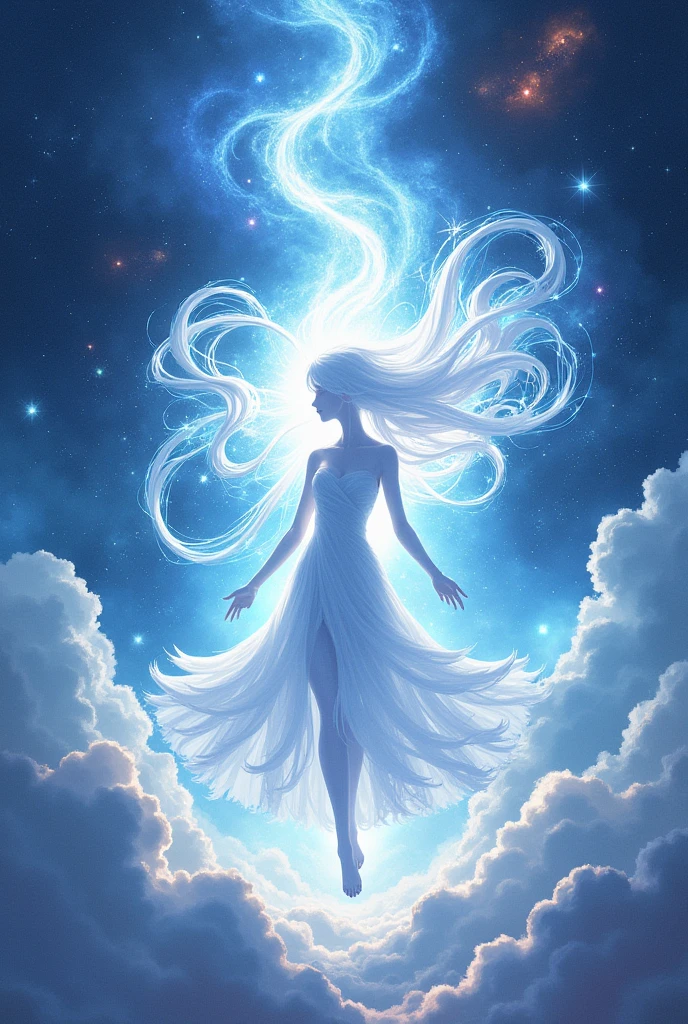 White silhouette, , silhouette of a long luminous white hair, Galaxies atmosphere, divine power, anime style.