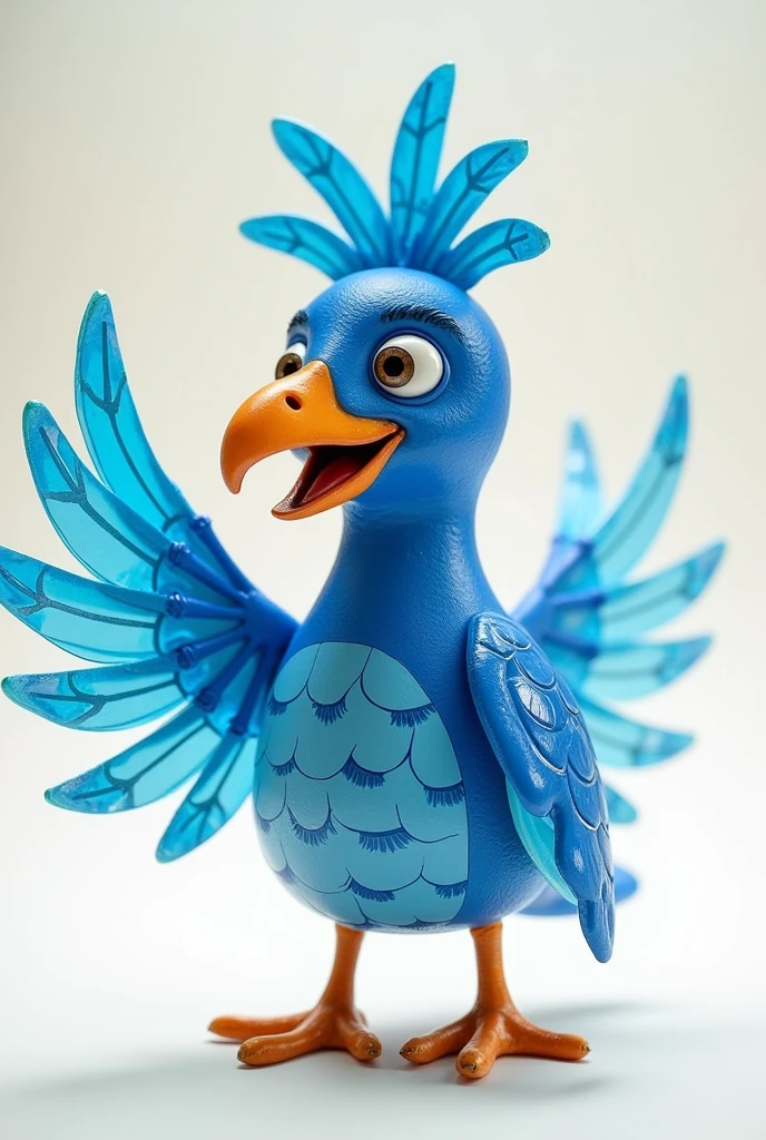 Drawing of a cute blue tilonorinco bird made from recyclable things like bottles, paper, cans that are looking forward with one wing up in greeting and encouraging you to follow them