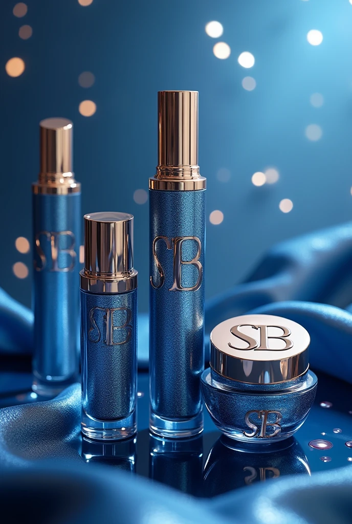 Blue and silver detailed makeup products with a luxury “SB” logo, in the style of Dior, but not the same