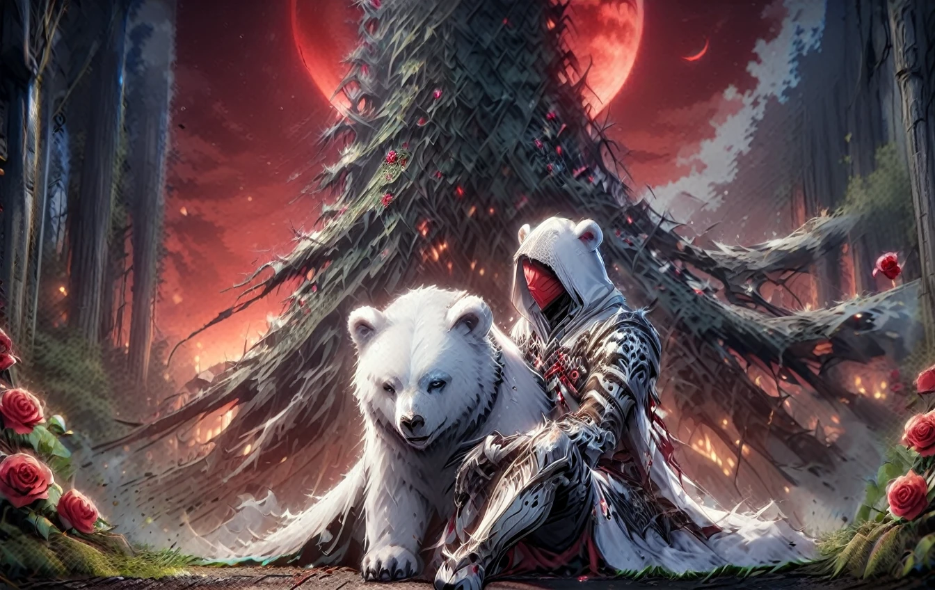 One man with a white hood with bear ears and a katana sits next to a polar bear in a forest while the blood moon shines, many Roses cover the ground and lightning falls from the sky. The man wears a red blindfold.