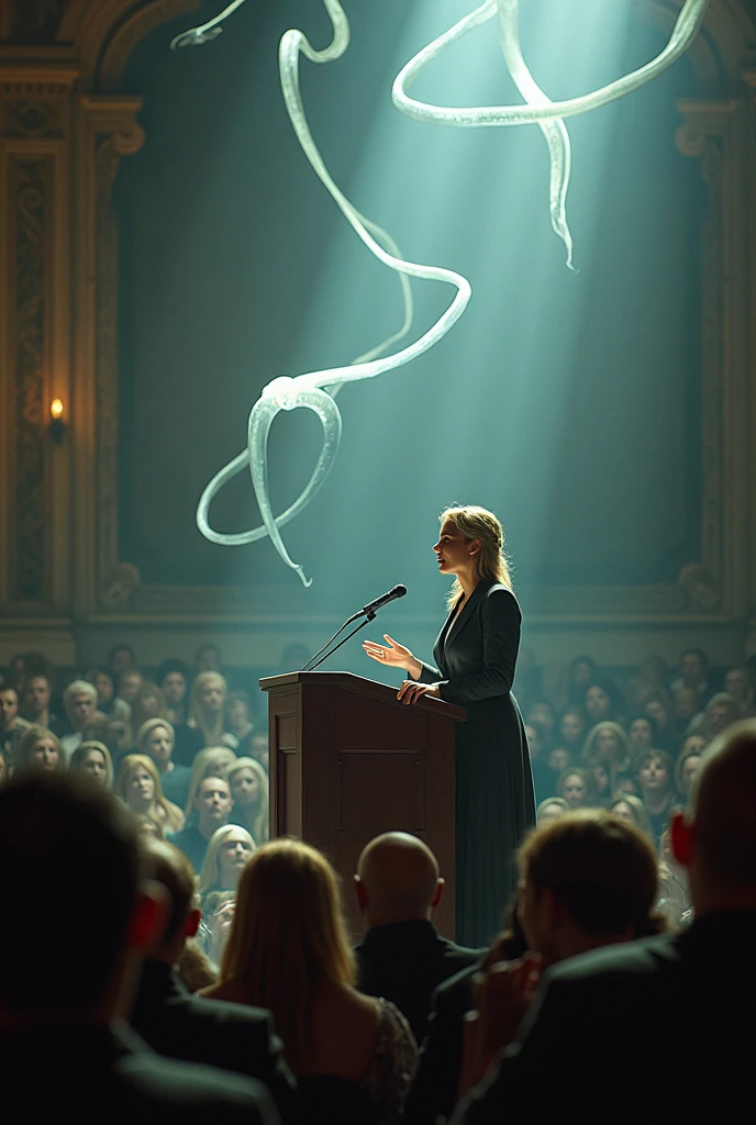 Woman gives an emotional lecture, squids move smoothly