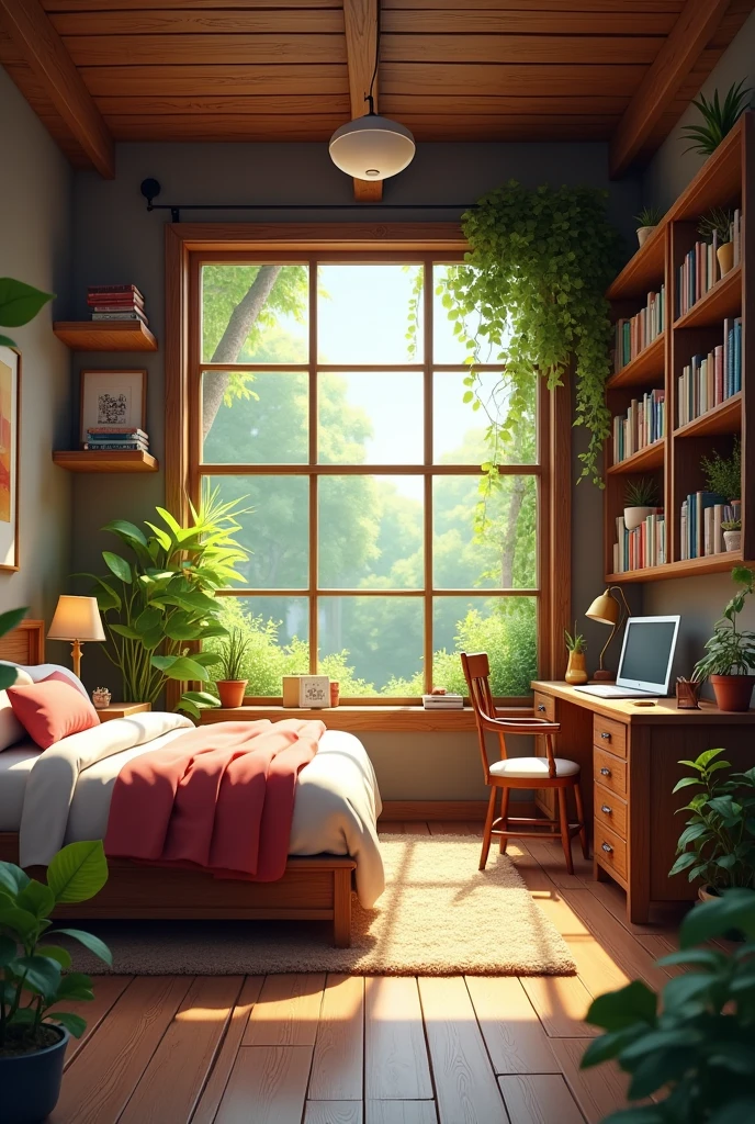 A wooden room with a bedroom, Bookcases, a wooden desk and chair with a medium-sized square-shaped glass window, overlooking a garden with trees